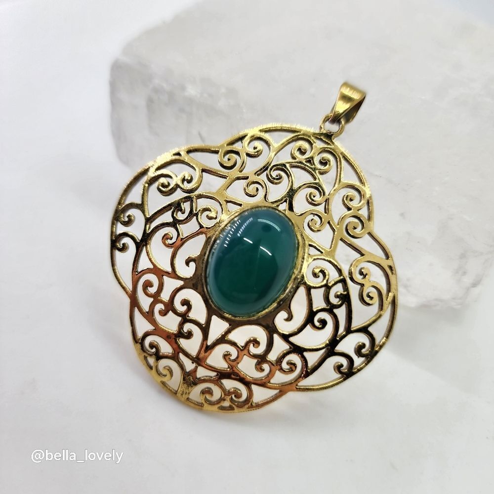 Emerald Gold Toned Ethnic Handmade Filigree Pendant Jewelry 2.27"